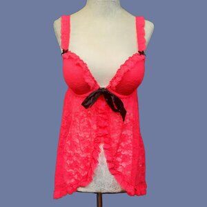 Y2K La Senza Babydoll Lingerie Top S Coral Hot Pink Lace Bows Coquette Fairy